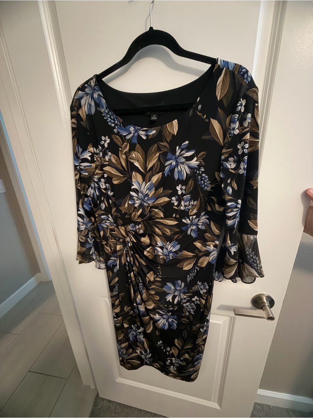connected apparel Black Floral Twist-Front Dress with Blue and Brown Leaves